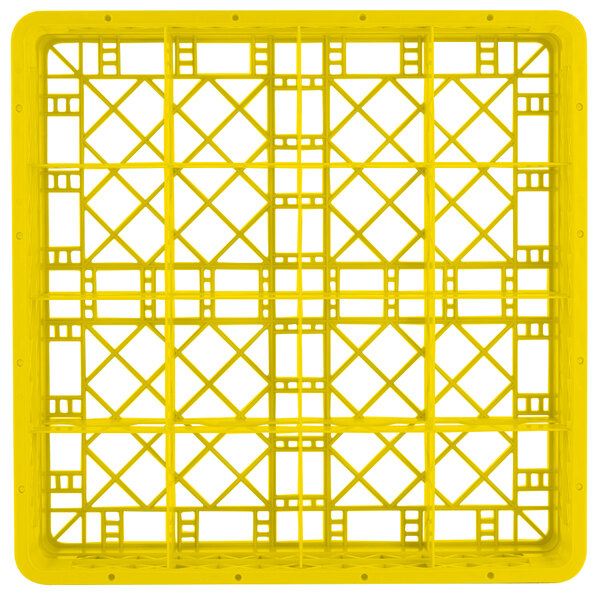 A yellow plastic Vollrath Traex glass rack with a grid pattern.