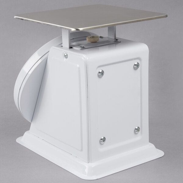 A white rectangular Cardinal Detecto portion scale with a silver top.