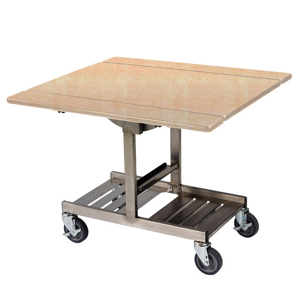 A Geneva rectangular room service table with wheels.