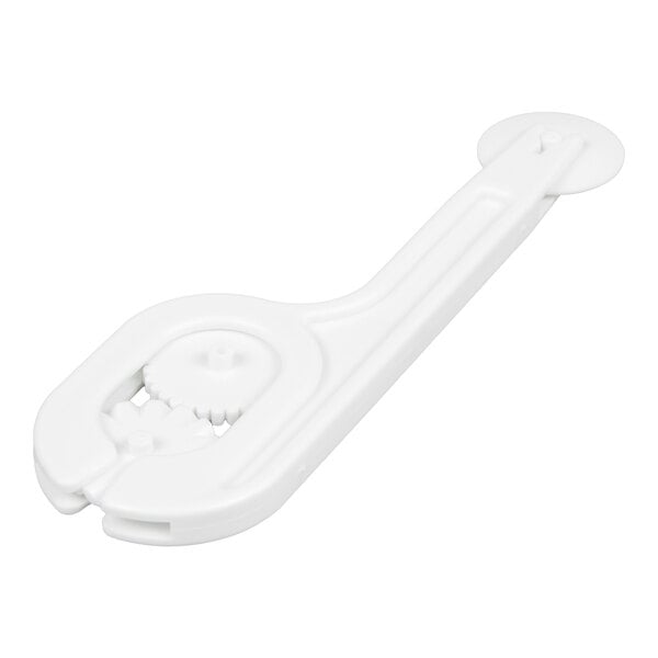 A white plastic tool with a handle and a circular section containing two interlocking gears or wheels.