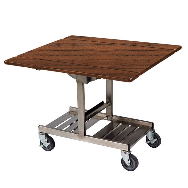 A Geneva rectangular wooden room service table on a metal cart with wheels.