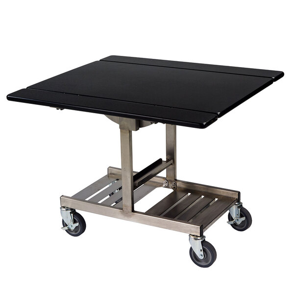 A black Geneva rectangular room service table on wheels.