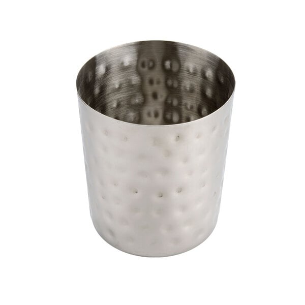 An American Metalcraft hammered stainless steel French fry cup with holes.