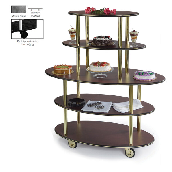 A Geneva oval shelf dessert cart with cakes on it.