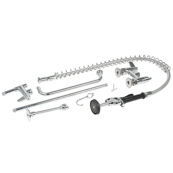 A set of metal Equip by T&amp;S pre-rinse faucet parts including a pipe, hose, and bracket.