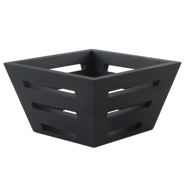 An American Metalcraft black square tapered birch bread basket with holes.