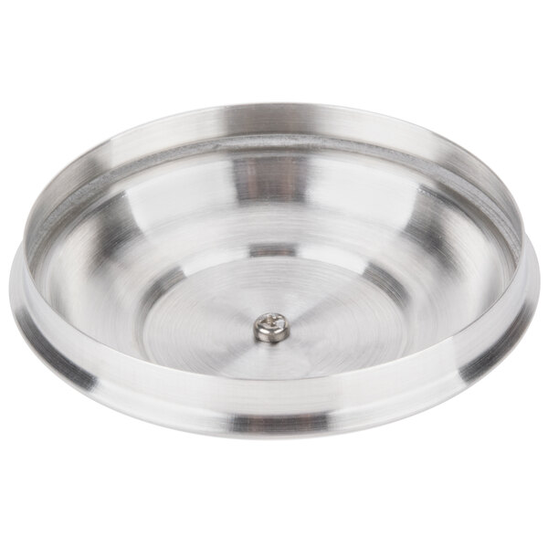 An American Metalcraft stainless steel mini trash can lid on a silver bowl.