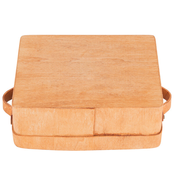 An American Metalcraft rectangular poplar wood basket with handles.