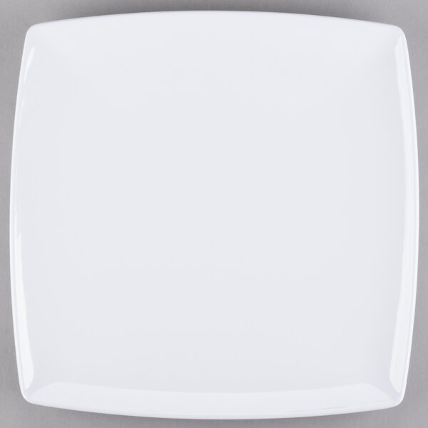 A white square Thunder Group melamine plate with a white rim.