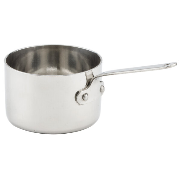 An American Metalcraft stainless steel pan with a handle.
