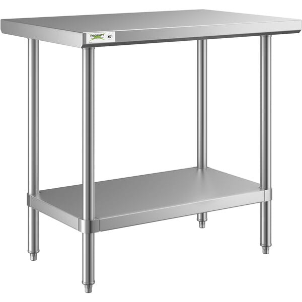 A Regency stainless steel work table with undershelf and legs.