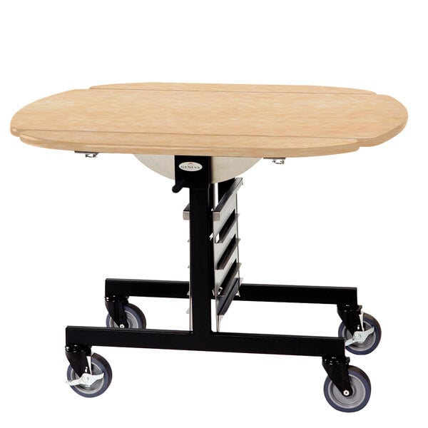 A Geneva mobile room service table with a maple finish and black metal stand.