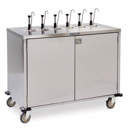 A stainless steel Lakeside serving cart with 12 condiment taps.