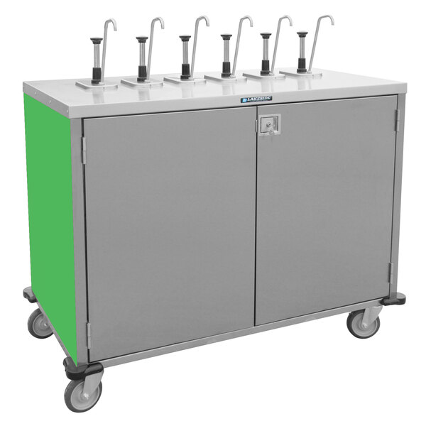 A grey and green Lakeside serving cart with four taps for condiments.