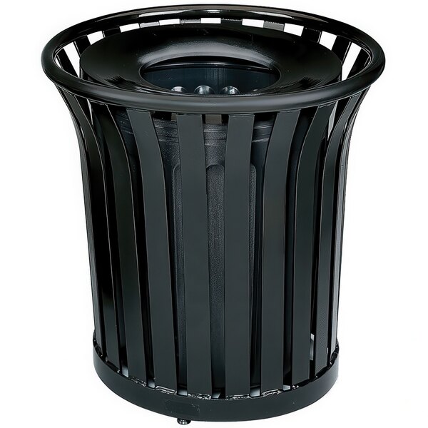 A black metal Rubbermaid trash can with an open top.