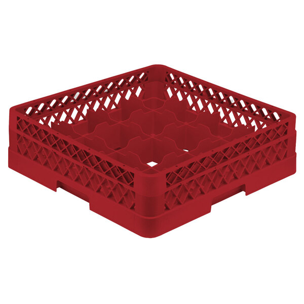 A red plastic Vollrath Traex glass rack with 16 compartments and an open rack extender on top.