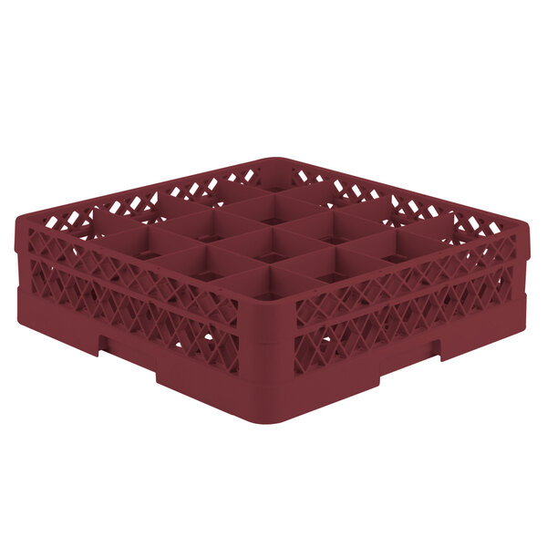 A red plastic Vollrath Traex glass rack with 16 compartments.
