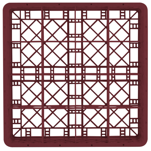 A red Vollrath Traex glass rack with 16 square compartments.