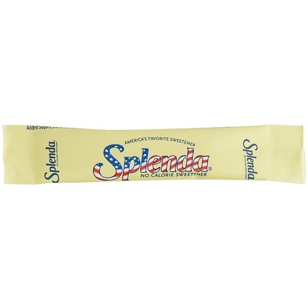 A close-up of a Splenda sweetener stick packet.