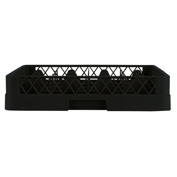 A black plastic Vollrath glass rack with 16 compartments.