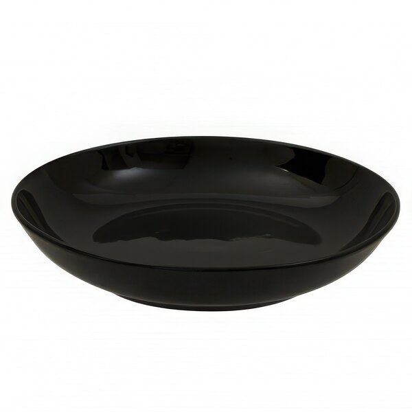 A black bowl with a curved edge on a white background.