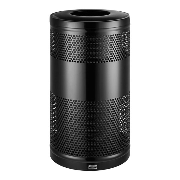 A black cylindrical Rubbermaid trash can with holes in it.