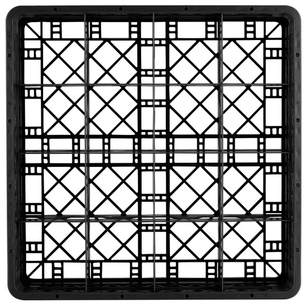 A black plastic Vollrath glass rack with 16 square compartments.