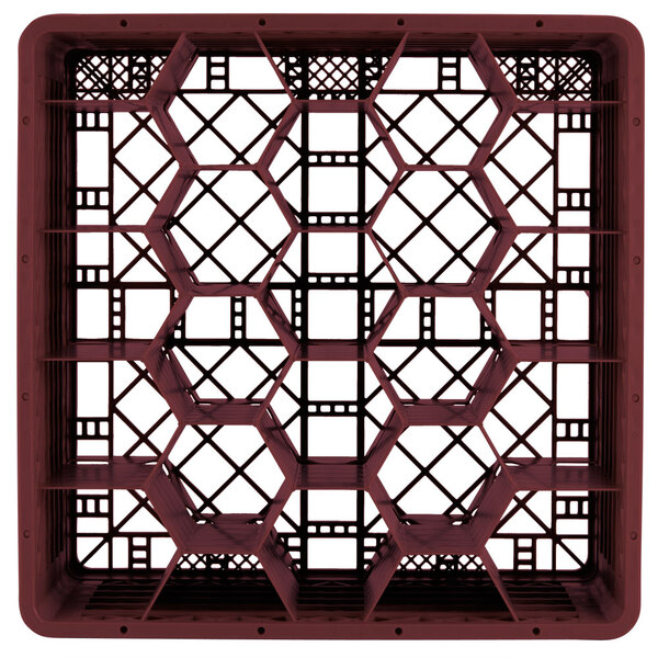 A Vollrath Traex burgundy plastic rack with hexagon compartments.