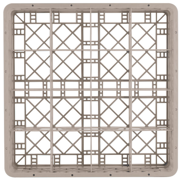 A beige plastic Vollrath glass rack with 16 compartments.