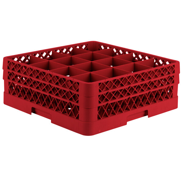A red Vollrath plastic glass rack with 16 compartments.