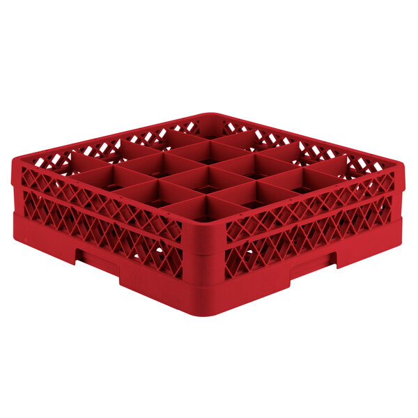 A red plastic Vollrath Traex glass rack with 16 compartments.