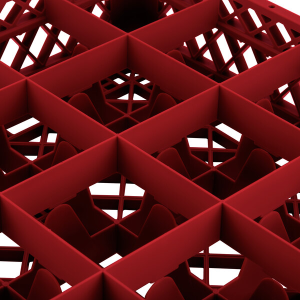 A red Vollrath Traex glass rack with 16 compartments.