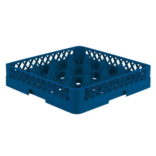 A Vollrath Royal Blue plastic glass rack with 16 compartments.