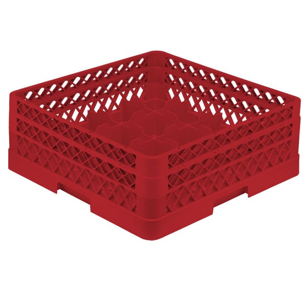 A red Vollrath plastic glass rack with open extenders.