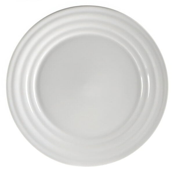 A white 10 Strawberry Street porcelain plate with a circular edge.