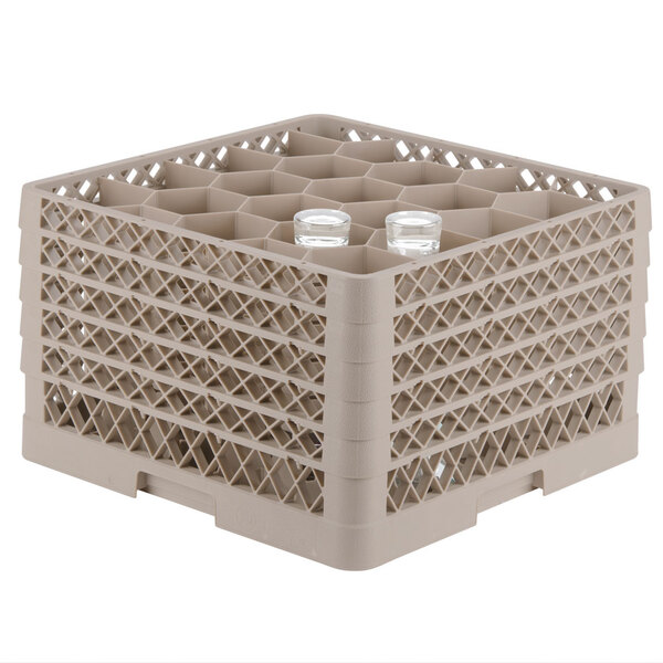 A beige Vollrath Traex glass rack with glasses inside.