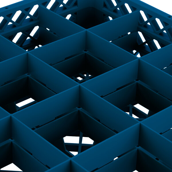 A blue plastic box with 16 square compartments with holes.