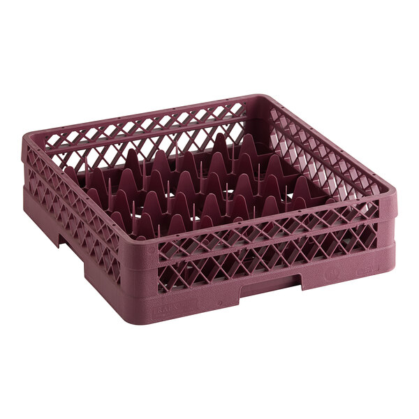 A purple plastic Vollrath Traex glass rack with many compartments.