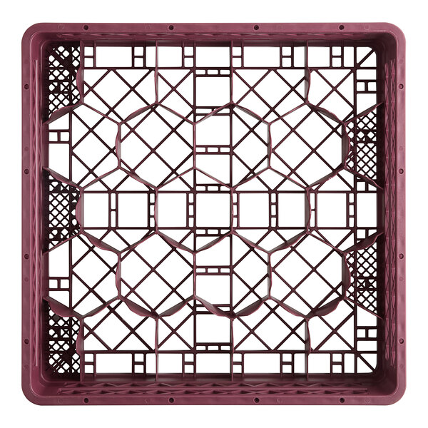 A burgundy plastic Vollrath Traex glass rack with a grid pattern.