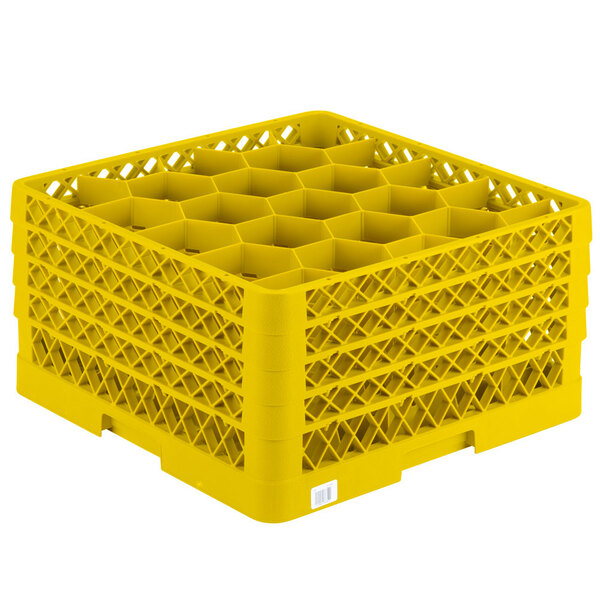 A yellow plastic Vollrath Traex rack with 20 compartments for holding glasses.