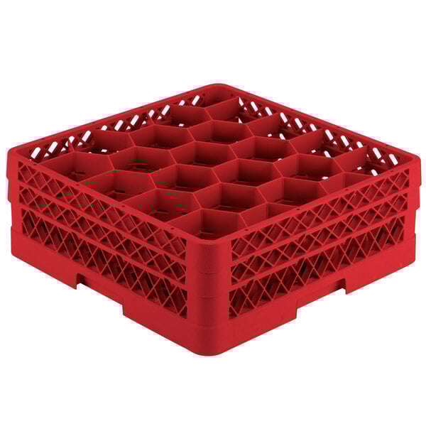 A red Vollrath Traex glass rack with 20 compartments and holes.
