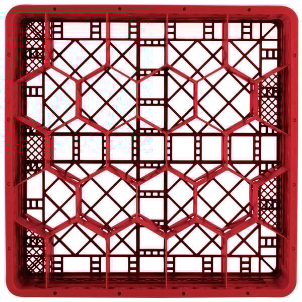 A red plastic Vollrath Traex glass rack with a grid pattern.