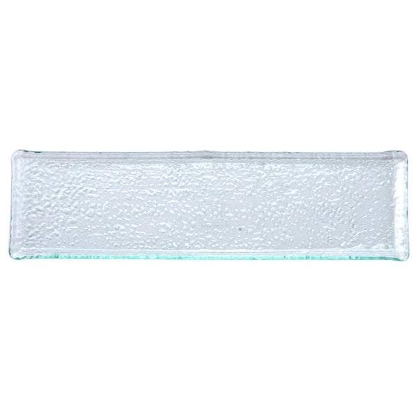 A clear glass rectangular platter with a clear surface.