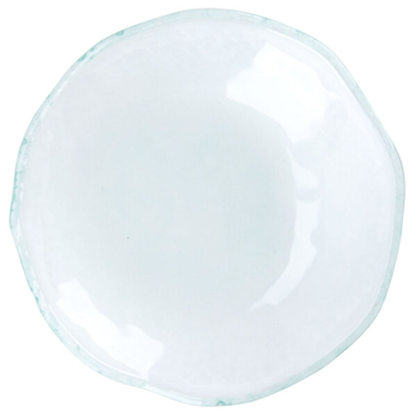 A white bowl with a blue edge on a white background.