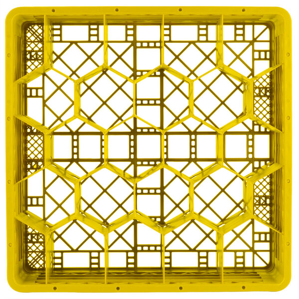 A yellow plastic Vollrath Traex rack with hexagons.