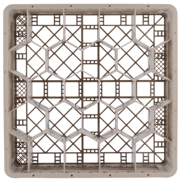 A beige square Vollrath glass rack with a grid pattern.