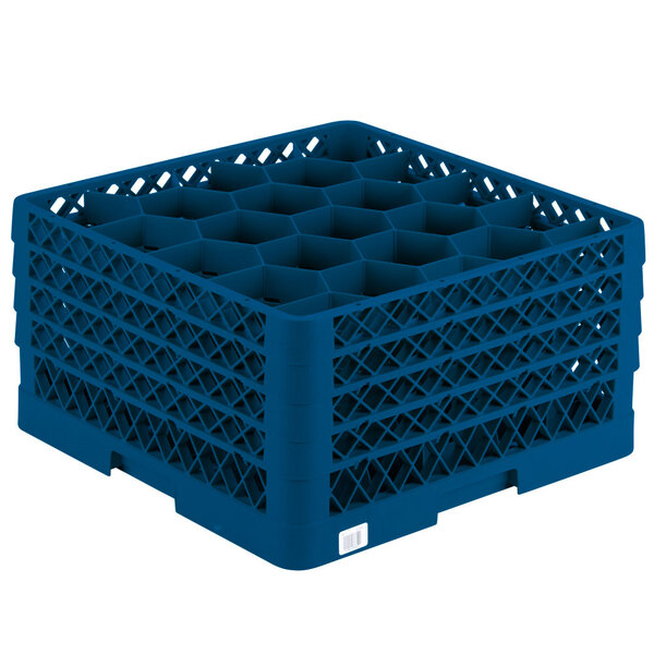 A Vollrath Traex blue plastic glass rack with 20 compartments.