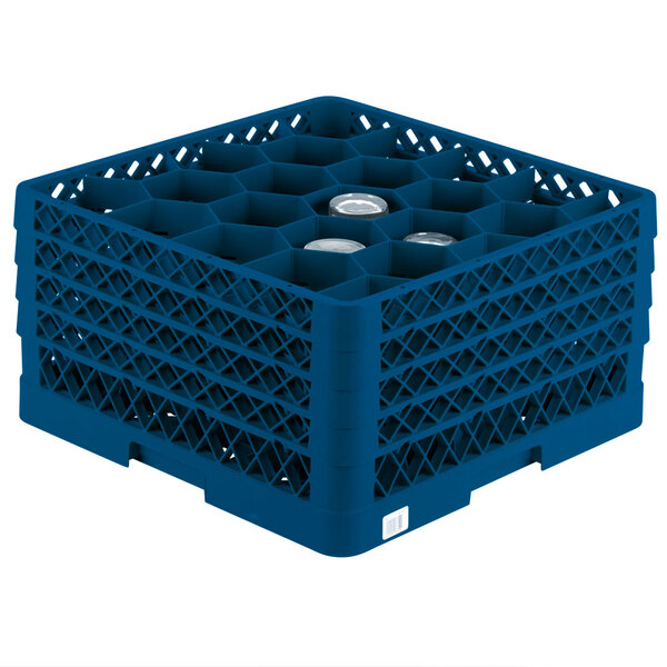 A Vollrath Traex Royal Blue plastic glass rack with 20 compartments.