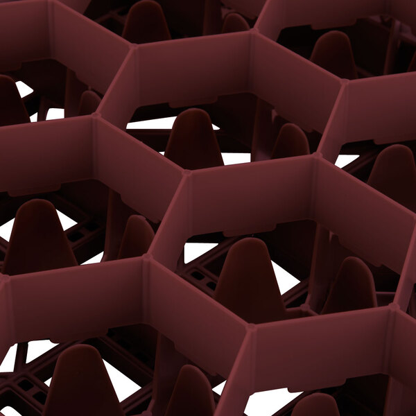 A Vollrath Traex full-size burgundy glass rack with 20 compartments.