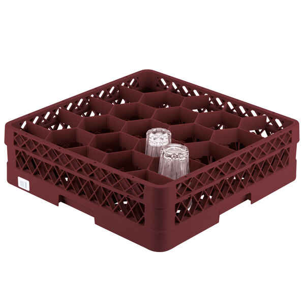 A burgundy Vollrath plastic rack holding glasses.